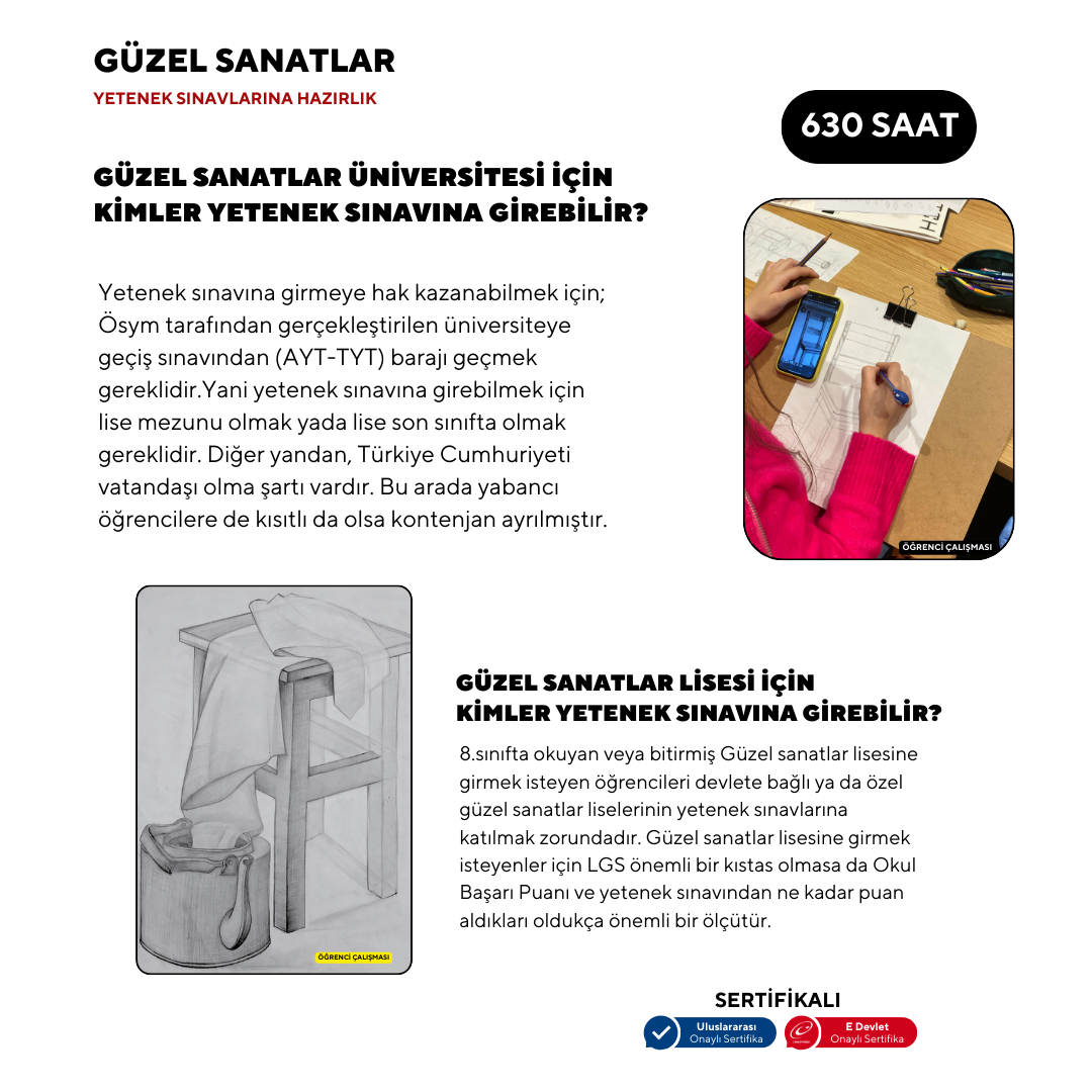 Güzel Sanatlara Hazırlık 630 Saat -Yüz Yüze